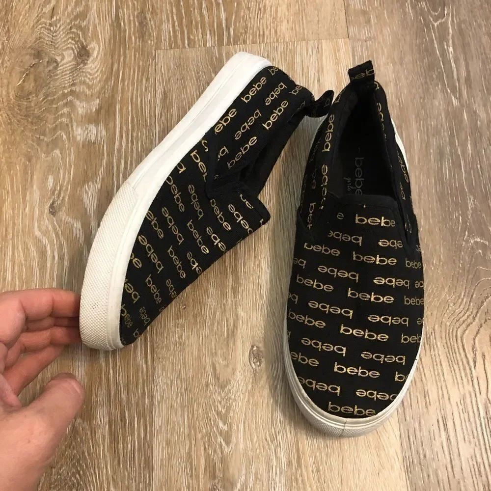 Bebe Girls Size 1 Black Gold Logo Slip-On Sneakers Shoes